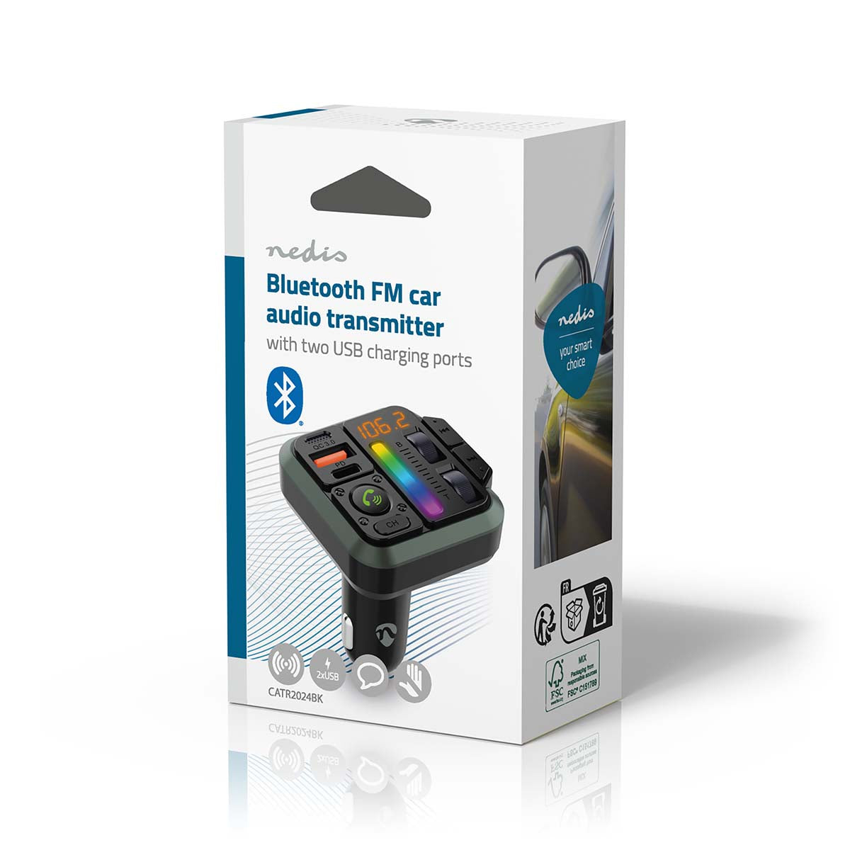 Bluetooth FM Transmitter med to USB-porte, Bluetooth, musikafspilning og håndfri opkald vises på emballagen.