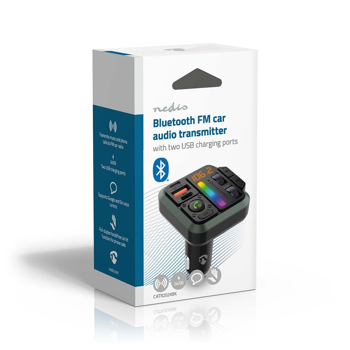 Nedis Bluetooth FM Transmitter æske, hvid/blå, til USB-port til opladning i bilen, knapper til lydstreaming og håndfri opkald.