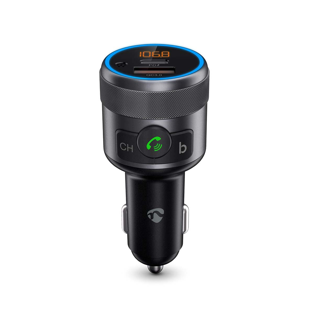 Nedis Slim Bluetooth FM-transmitter sort/sølv biloplader med LED-display, knapper, håndfri opkald via cigarettænder.