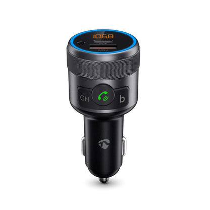 Nedis Slim Bluetooth FM-transmitter sort/sølv biloplader med LED-display, knapper, håndfri opkald via cigarettænder.