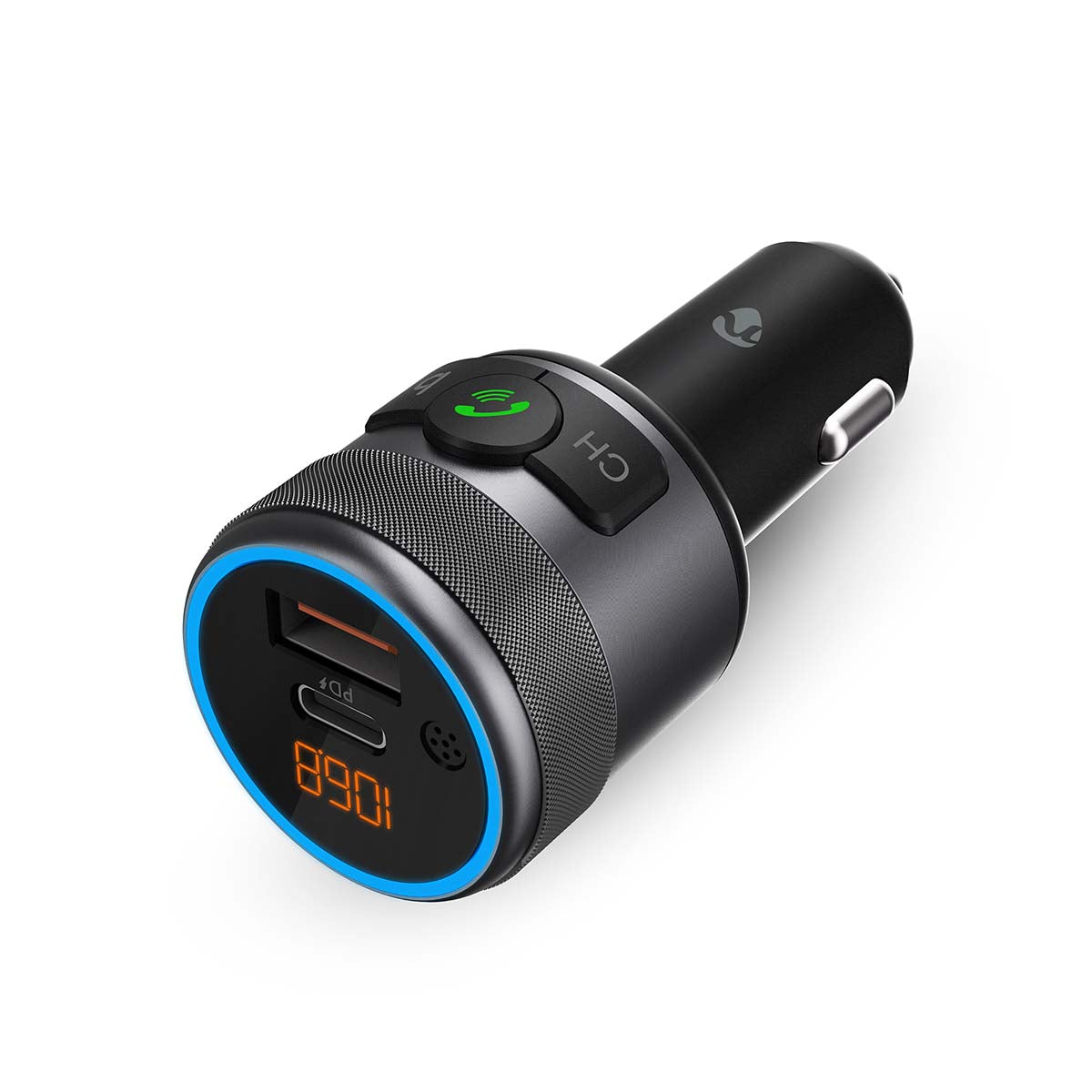 Nedis Slim Bluetooth FM transmitter sort, digitalt display, USB-porte, grøn telefonknap og CH-knap til cigarettænder.