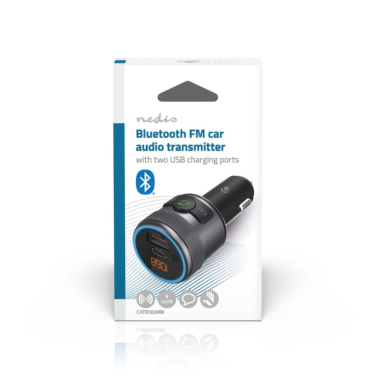 Nedis Slim Bluetooth FM Transmitter, til USB-porte, FM-frekvensdisplay, trådløs lyd til bil, håndfri opkald.