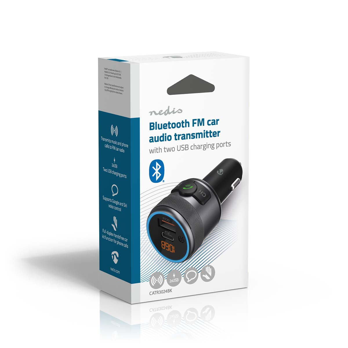 Nedis Slim Bluetooth FM Transmitter til bil med to USB-porte, Bluetooth og USB ikoner, specifikationer på æsken.