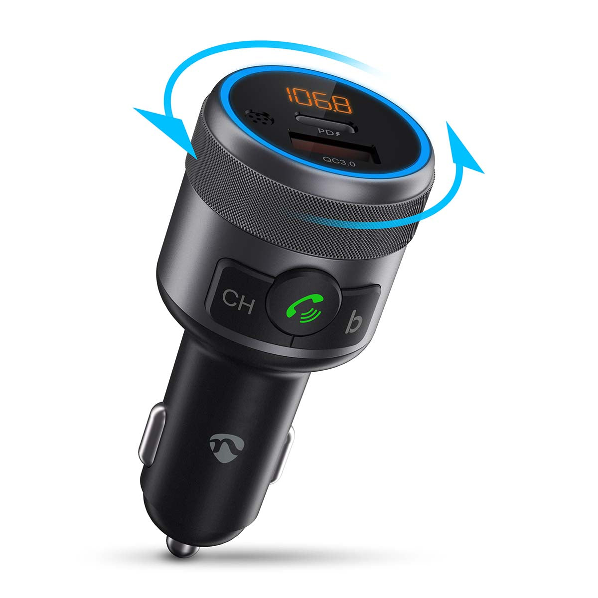 Slim Bluetooth FM Transmitter sort/sølv, digitalt display, USB-porte, knapper til opkald/kanal, blå accentlys, roterbart design.