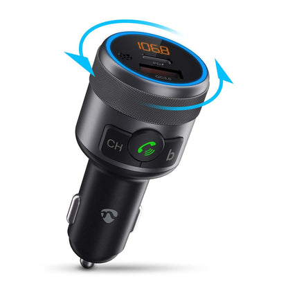 Slim Bluetooth FM Transmitter sort/sølv, digitalt display, USB-porte, knapper til opkald/kanal, blå accentlys, roterbart design.