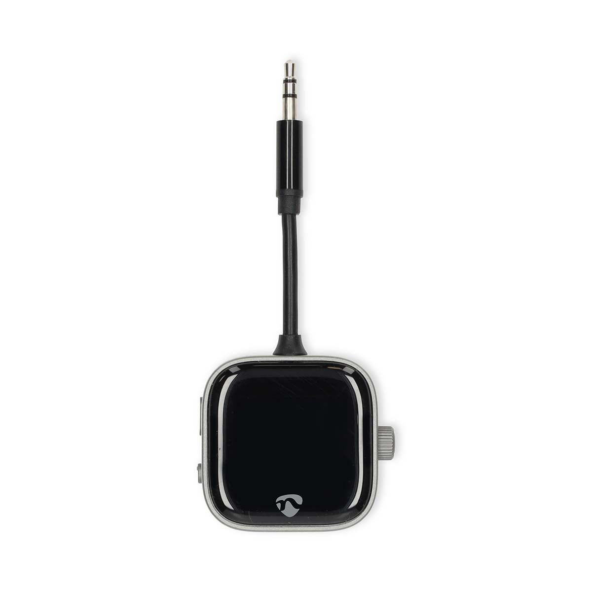 Nedis Bluetooth transmitter 3,5 mm, sort, firkantet med display og kort kabel med 3,5 mm jack til trådløs lyd.