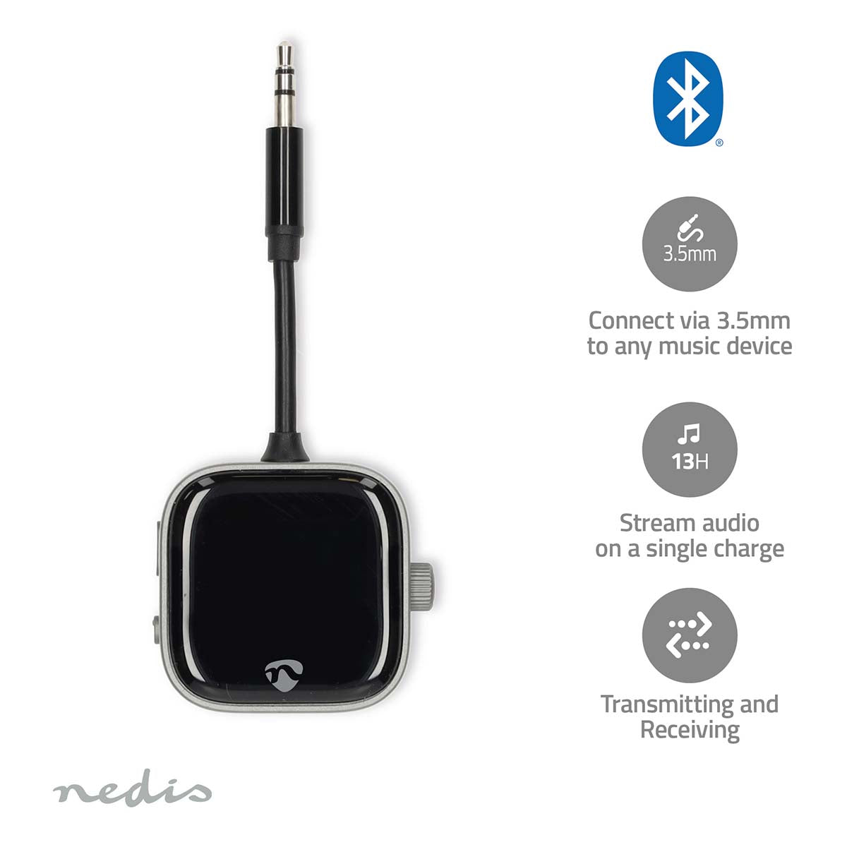 Nedis 3,5 mm Bluetooth-sender, sortering, 13 timers batteritid, synligt Nedis-logo, sender/modtager-funktion.