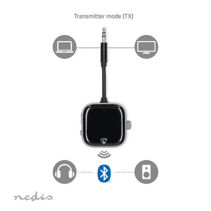 Sort firkantet Bluetooth-sender med 3,5 mm-stik til laptop/TV, trådløs lyd, TX mode synligt markeret.