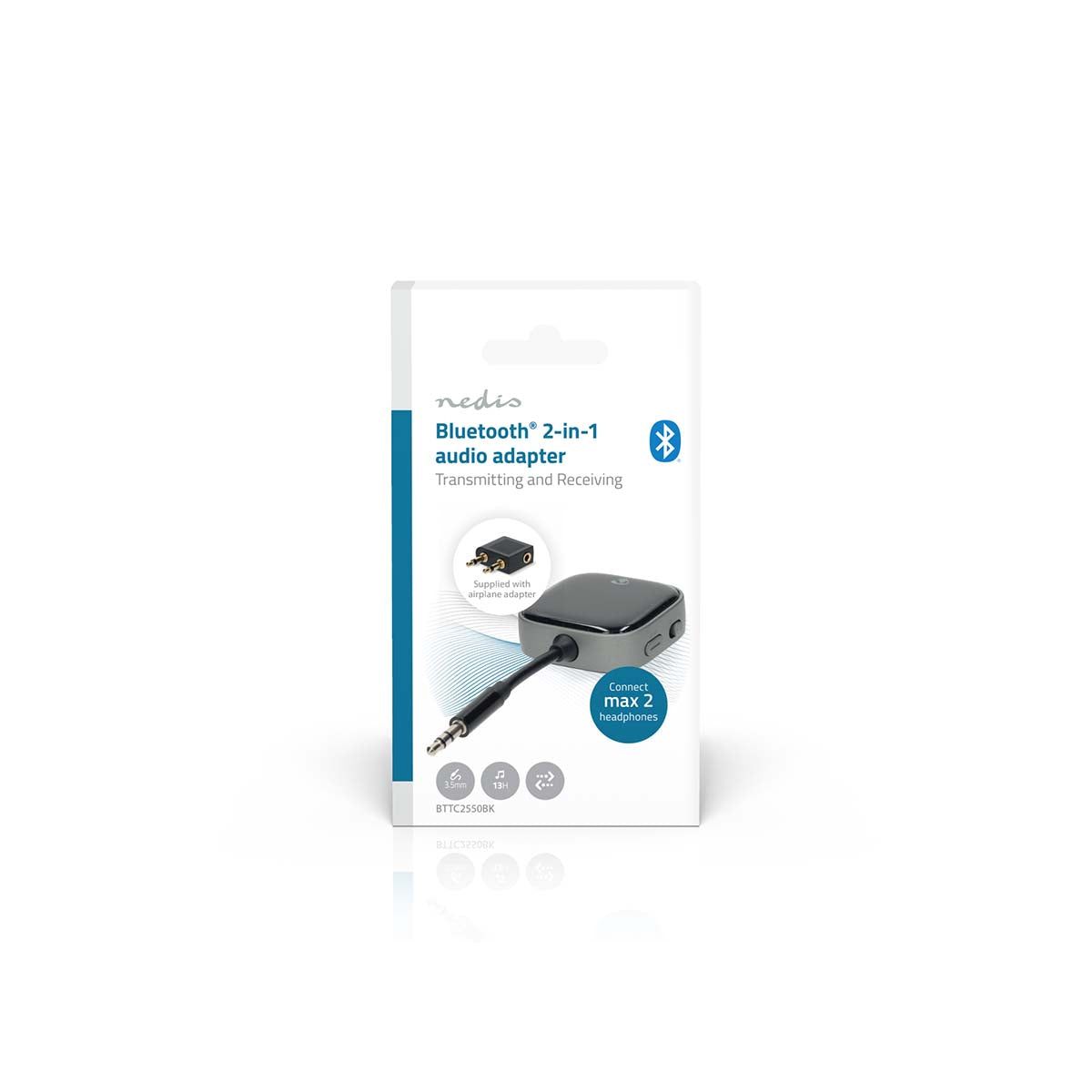 Nedis 3,5 mm Bluetooth transmitter i æske med 3,5 mm jack, Bluetooth-logo og tekst om lydsend/modtag til to høretelefoner.