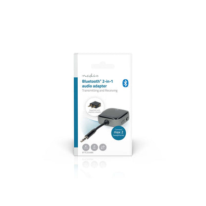 Nedis 3,5 mm Bluetooth transmitter i æske med 3,5 mm jack, Bluetooth-logo og tekst om lydsend/modtag til to høretelefoner.