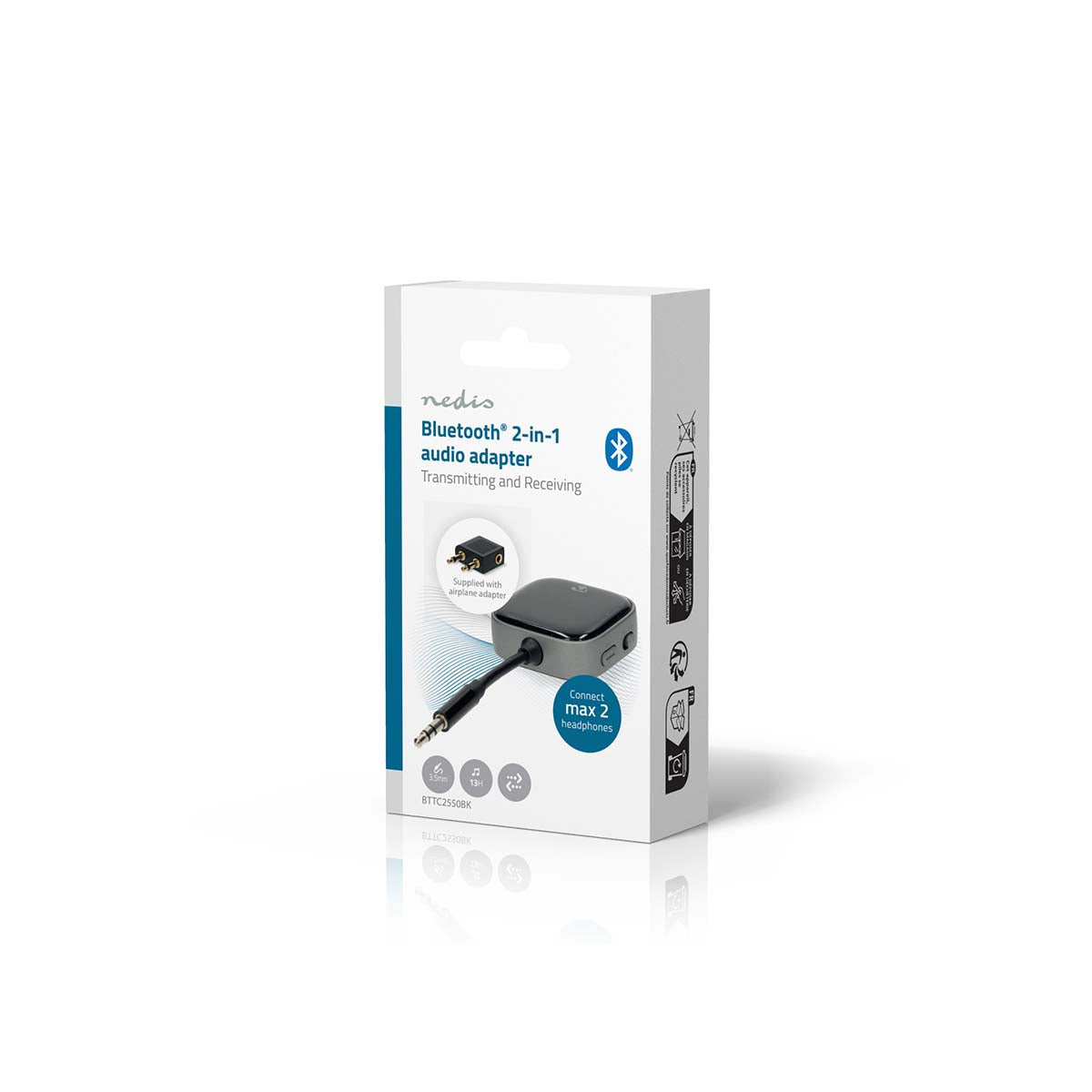 Nedis Bluetooth transmitter 3,5 mm jack, trådløs lyd, dobbelt send/modtag, understøtter op til Bluetooth-enheder.