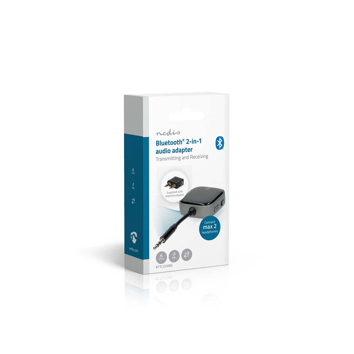 Nedis 3,5 mm Bluetooth-sender på hvid æske med blå detaljer, synlig kabeltilslutning og trådløs lydfunktion.