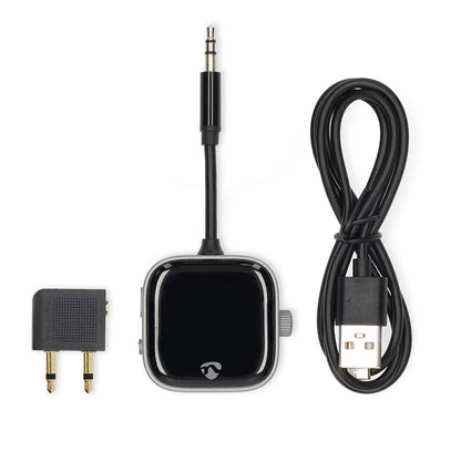 Nedis 3,5 mm Bluetooth transmitter sort kompakt med kort jackkabel, USB-opladerkabel og to-benet flyadapter.