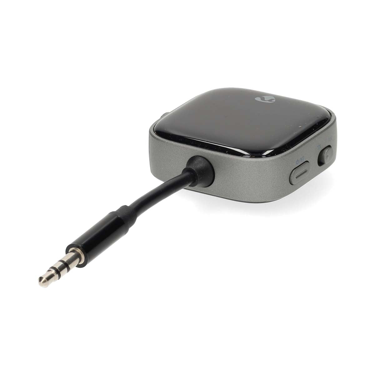 Nedis 3,5 mm Bluetooth-sender, kompakt firkantet design, sort top, grå sider, sideknapper og fastgjort 3,5 mm audiokabel.