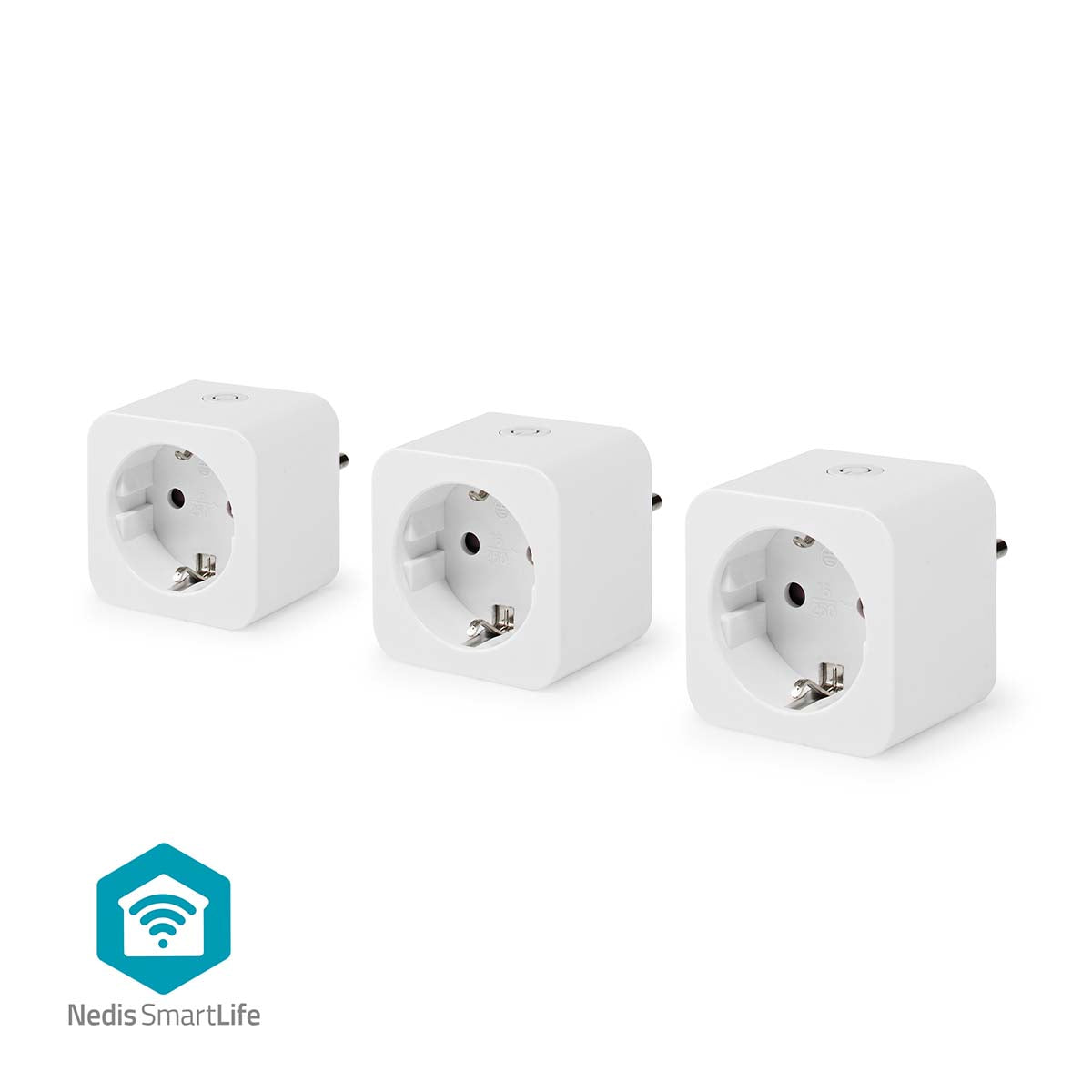 Nedis SmartLife Smart Plug 3-pak hvide stik med runde udtag, power-knapper og SmartLife-logo, kompatibel med SmartLife-appen.