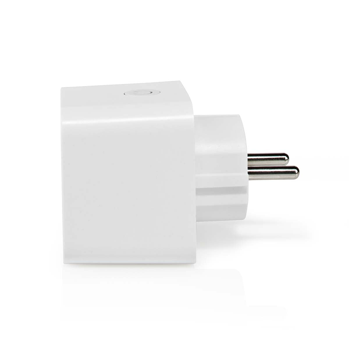 Nedis SmartLife Smart Plug 3-pak, hvid adapter med to runde stikben, energimåling, vises fra siden, app-kompatibel.