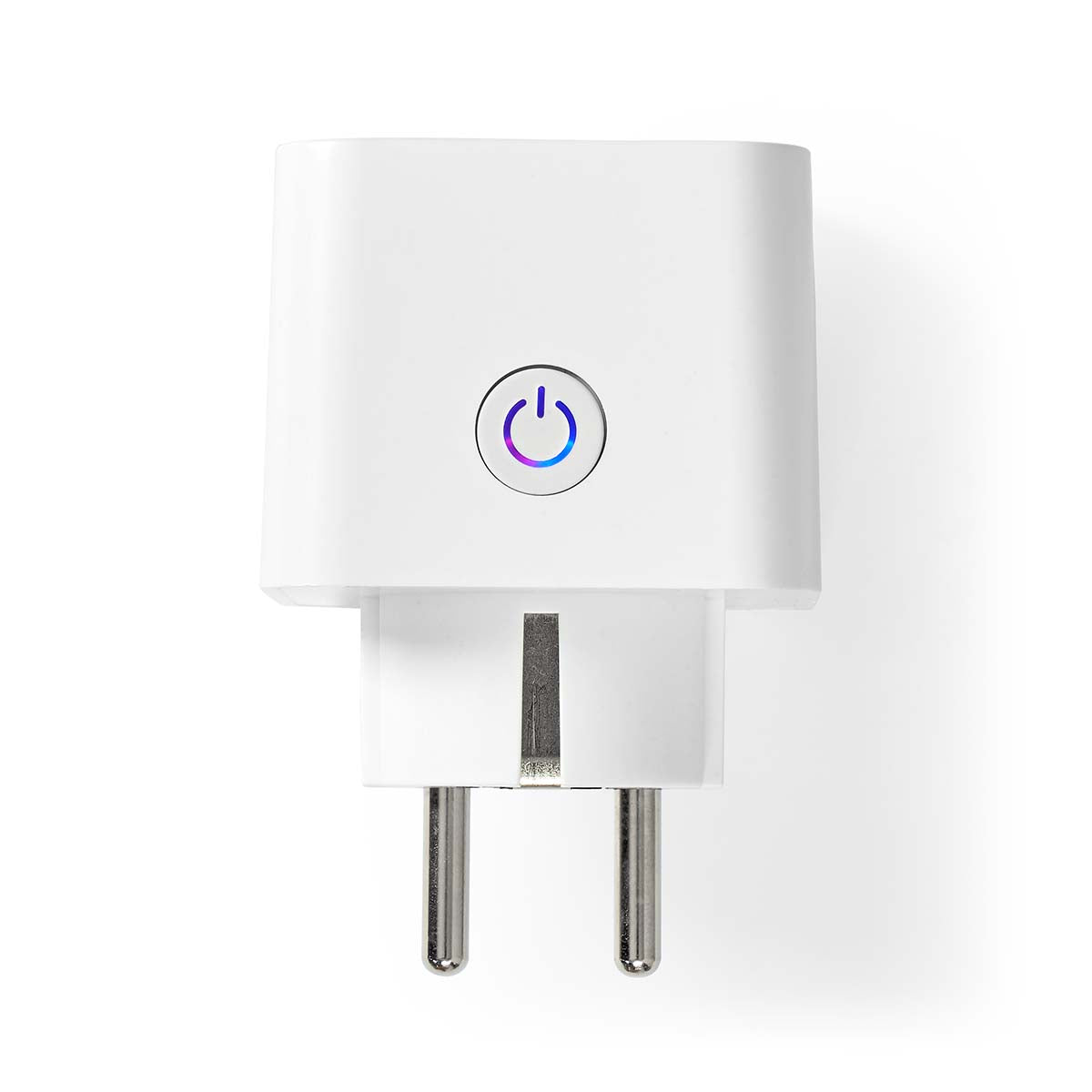 Nedis SmartLife Smart Plug 3-pak, hvid adapter med to runde ben og cirkulær tænd/sluk-knap med blå/lilla LED-ring, energimåling.
