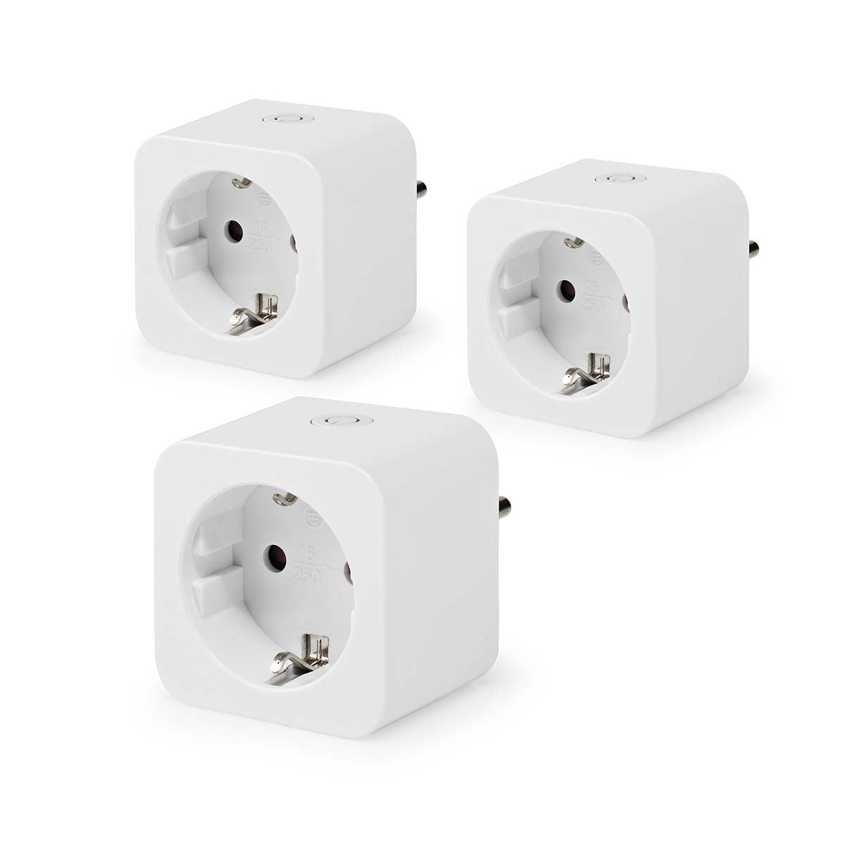 Nedis SmartLife smart plug 3-pak hvide, runde EU-stik med topknap og appstyring til energimåling.