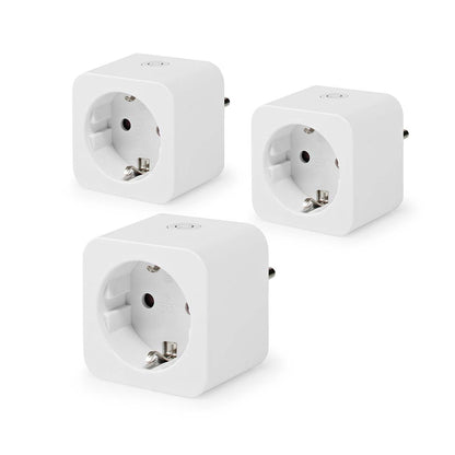 Nedis SmartLife smart plug 3-pak hvide, runde EU-stik med topknap og appstyring til energimåling.
