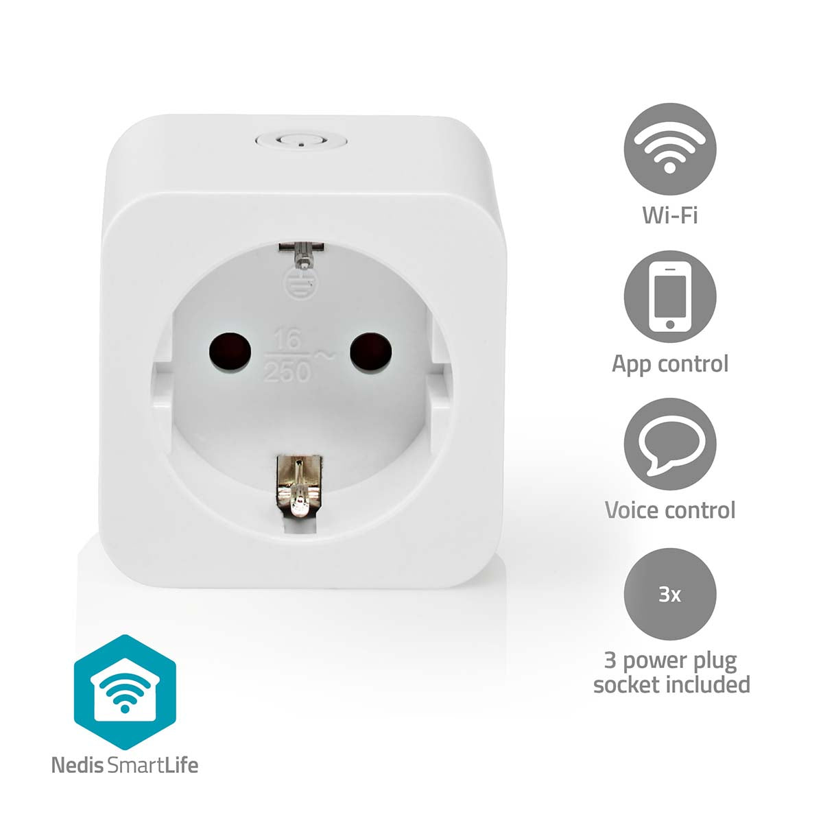 Nedis SmartLife smart plug 3-pak, hvid, Wi-Fi, app/stemmestyring, energimåling, 3 stik, Nedis SmartLife logo nederst venstre.