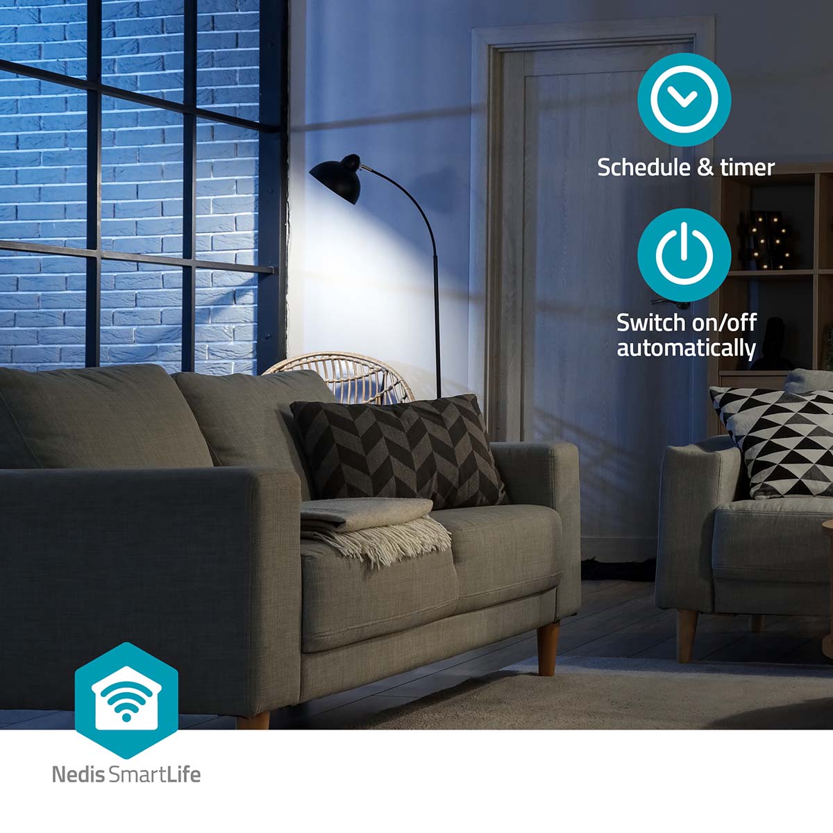 Nedis SmartLife Smart Plug 3-pak vises med energimåling og planlægning i app, Nedis-logo nederst.