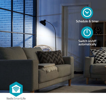Nedis SmartLife Smart Plug 3-pak vises med energimåling og planlægning i app, Nedis-logo nederst.