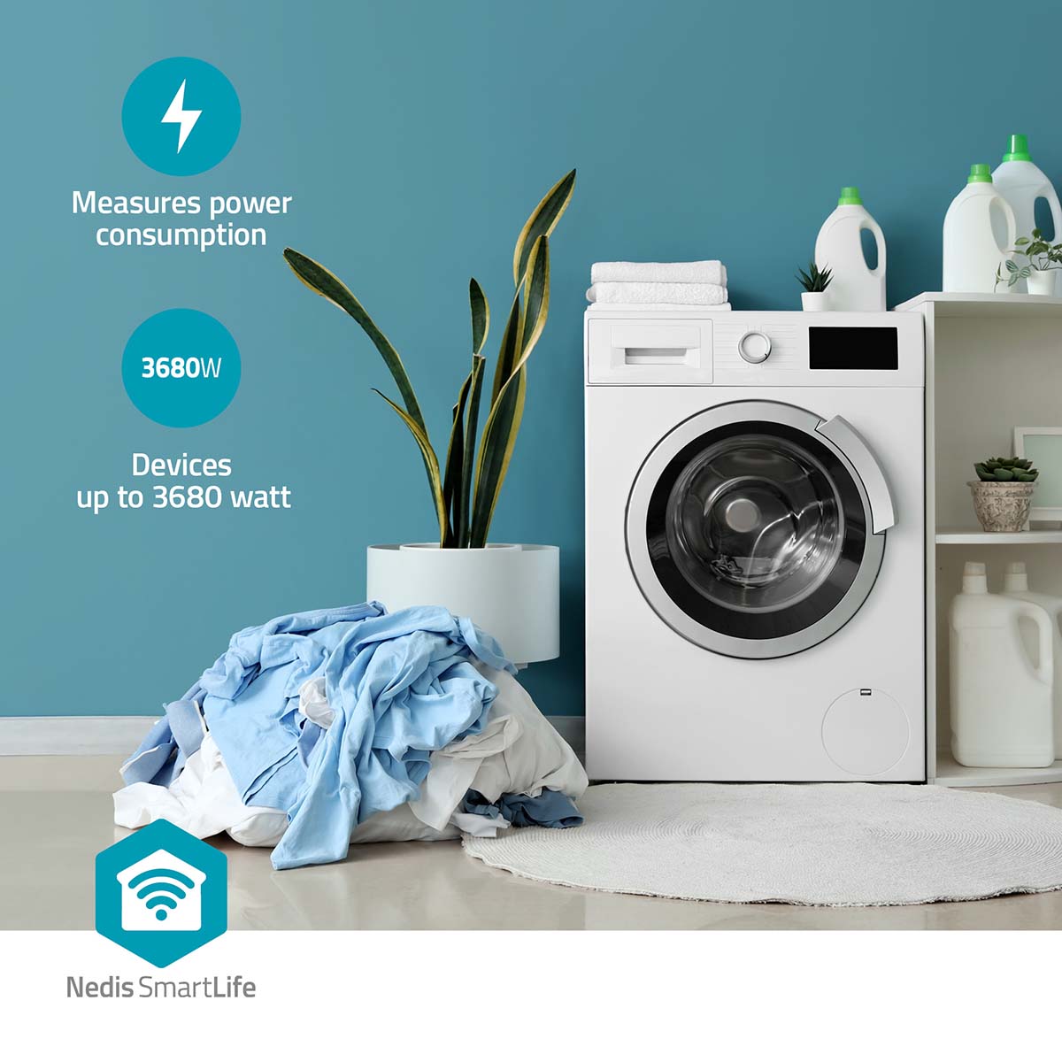 Nedis SmartLife Smart Plug 3-pak, energimåling, op til 3680W, Nedis-logo, tekst fremhæver specifikationer.