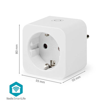 Nedis SmartLife Smart Plug 3-pak hvide adaptere 80x55x55 mm, rund stik, topknap, energiovervågning, logo.