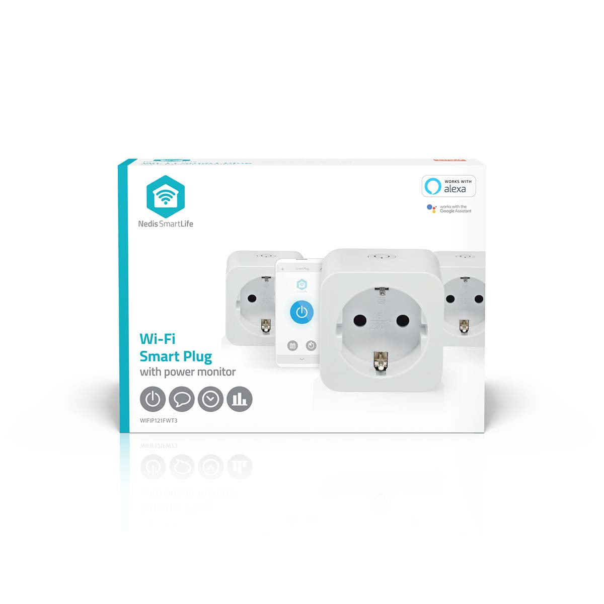 Nedis SmartLife Smart Plug 3-pak, stikdåser vises på æsken med ikoner for app-kompatibilitet, Alexa og strømovervågning.