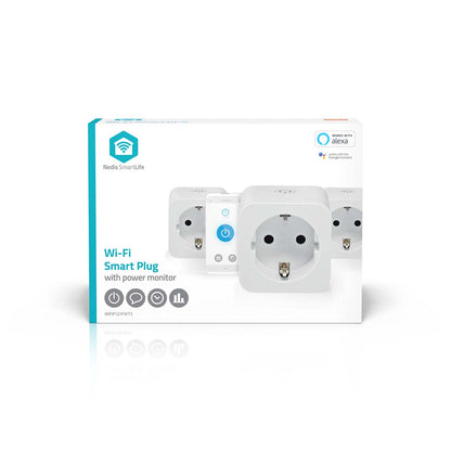 Nedis SmartLife Smart Plug 3-pak, stikdåser vises på æsken med ikoner for app-kompatibilitet, Alexa og strømovervågning.