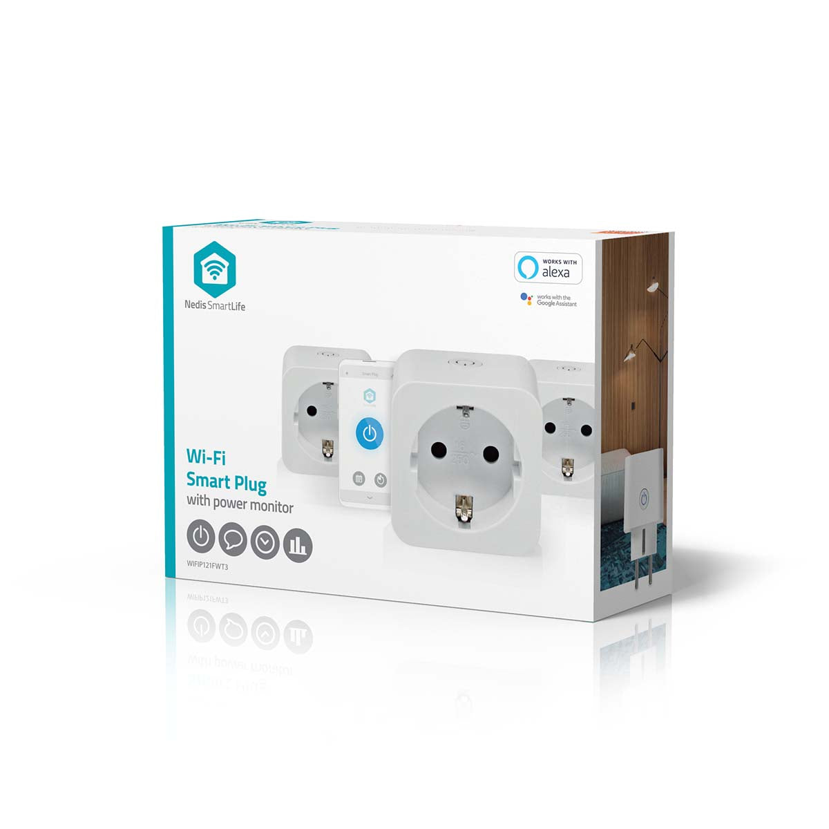 Nedis SmartLife Smart Plug 3-pak med tre stik, SmartLife app-ikon, energimåling og Alexa support vises på emballagen.