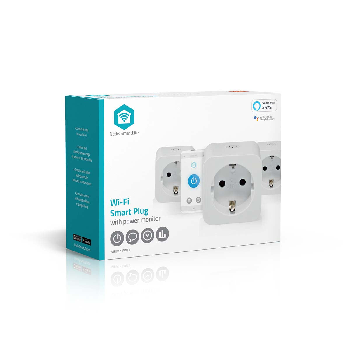 Nedis SmartLife smart plugs 3-pak med energimåling, Alexa-kompatibilitet og strømstyring via SmartLife-appen.