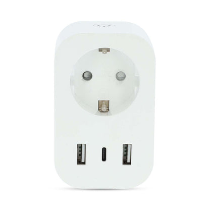 Nedis SmartLife Wi-Fi smart plug hvid med EU-stik, 2x USB-A port og 1x USB-C port.