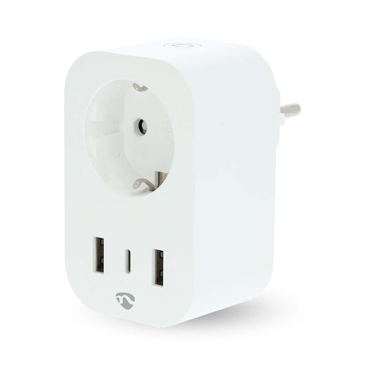Nedis SmartLife Wi-Fi smart plug adapter, hvid, EU-stik øverst, 2 USB-porte nederst, lille logo nederst.