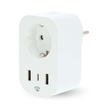 Nedis SmartLife Wi-Fi smart plug adapter, hvid, EU-stik øverst, 2 USB-porte nederst, lille logo nederst.