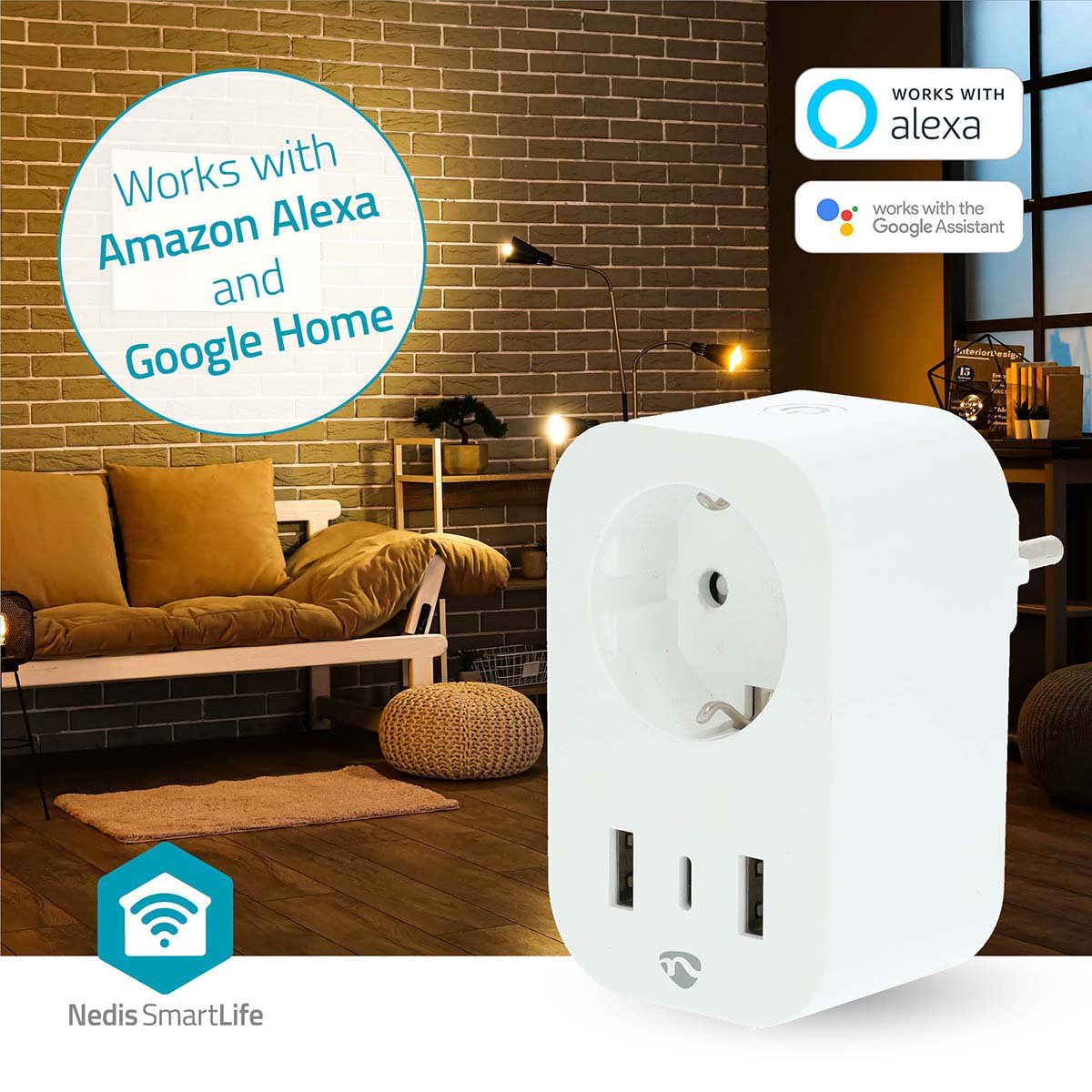 SmartLife Smart Plug med USB, til USB-porte, Wi-Fi stikkontakt, Alexa/Google Home support, SmartLife-logo synligt.