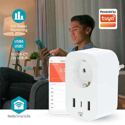 Nedis SmartLife Smart Plug med USB tydeligt vist ved siden af smartphone med energiovervågning og smart home-funktioner.