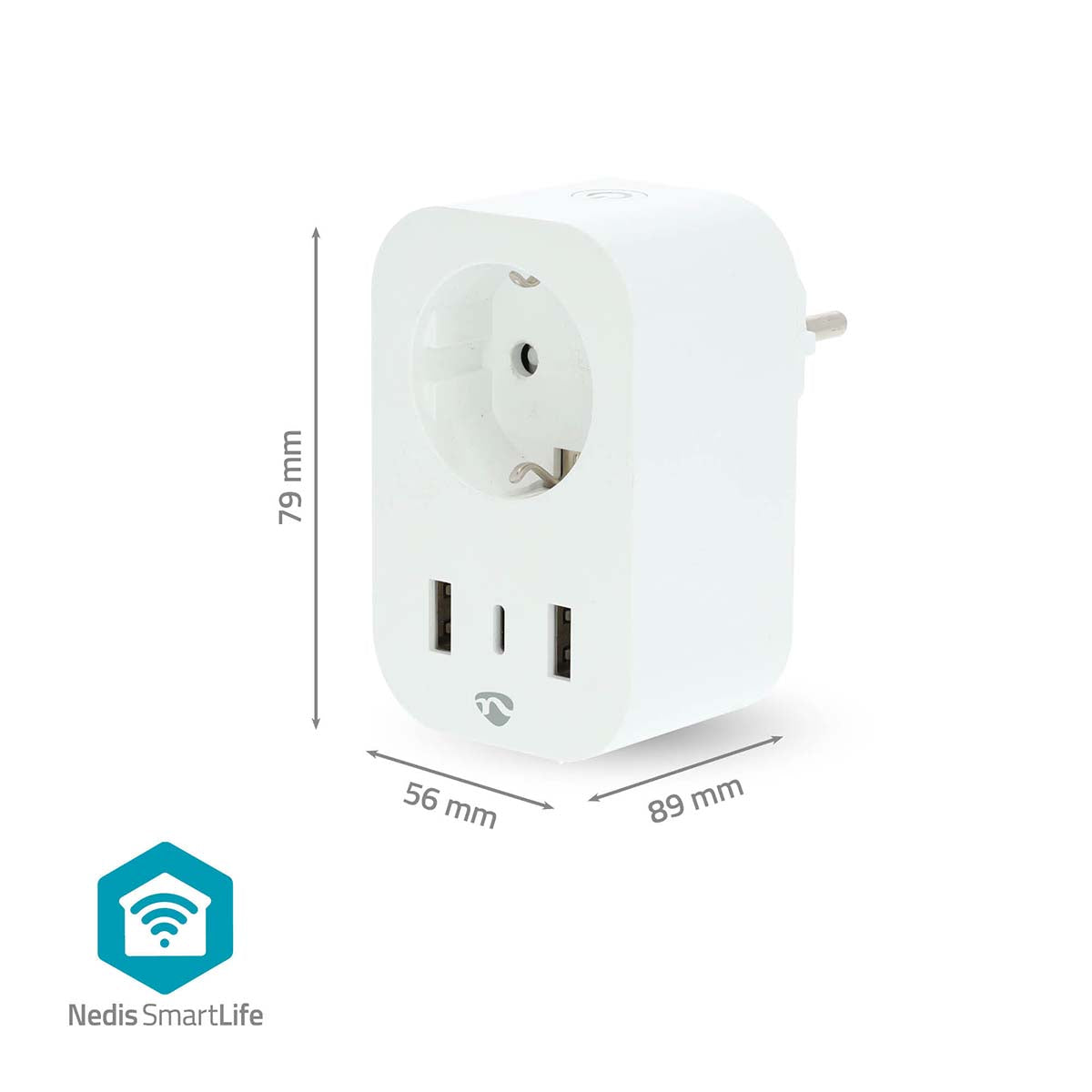 Nedis SmartLife smart plug med USB, hvid, ét stik, til USB-porte, rundt topstik, logo på fronten, 79x56x89 mm.