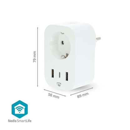 Nedis SmartLife smart plug med USB, hvid, ét stik, til USB-porte, rundt topstik, logo på fronten, 79x56x89 mm.