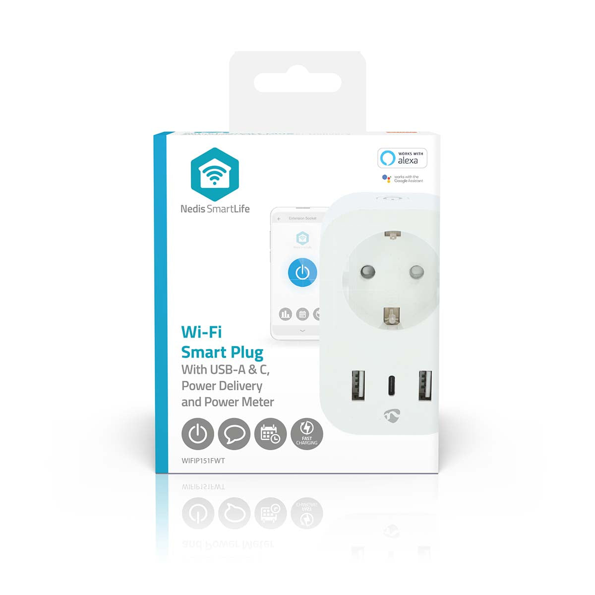 Nedis SmartLife Smart Plug med USB, USB-A og C-port, strømforsyning, elmåler, app-styring, blå detaljer på æsken.