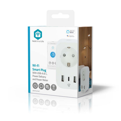 Nedis SmartLife Smart Plug med USB-A og USB-C porte, power delivery, energimåler, hvid æske med blå detaljer.