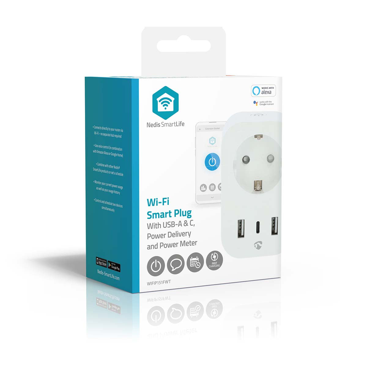 Nedis SmartLife smart plug med USB-A og USB-C port, strømforsyning, elmåler, Wi-Fi stikkontakt, Nedis SmartLife logo på æske.