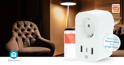 Nedis SmartLife smart plug med USB ved smartphone med energistyringsapp, kompatibel med Amazon Alexa og Google Home.