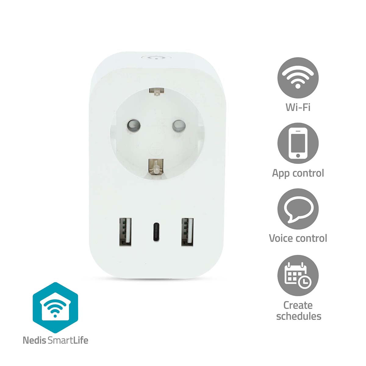 Nedis SmartLife Smart Plug med USB, strømstik og 2 USB-porte, app- og stemmestyring, Nedis SmartLife logo synligt.