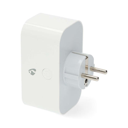 Nedis SmartLife smart plug med Wi-Fi, strømafbryder og to metalben til EU-stik, afrundet rektangulær form.