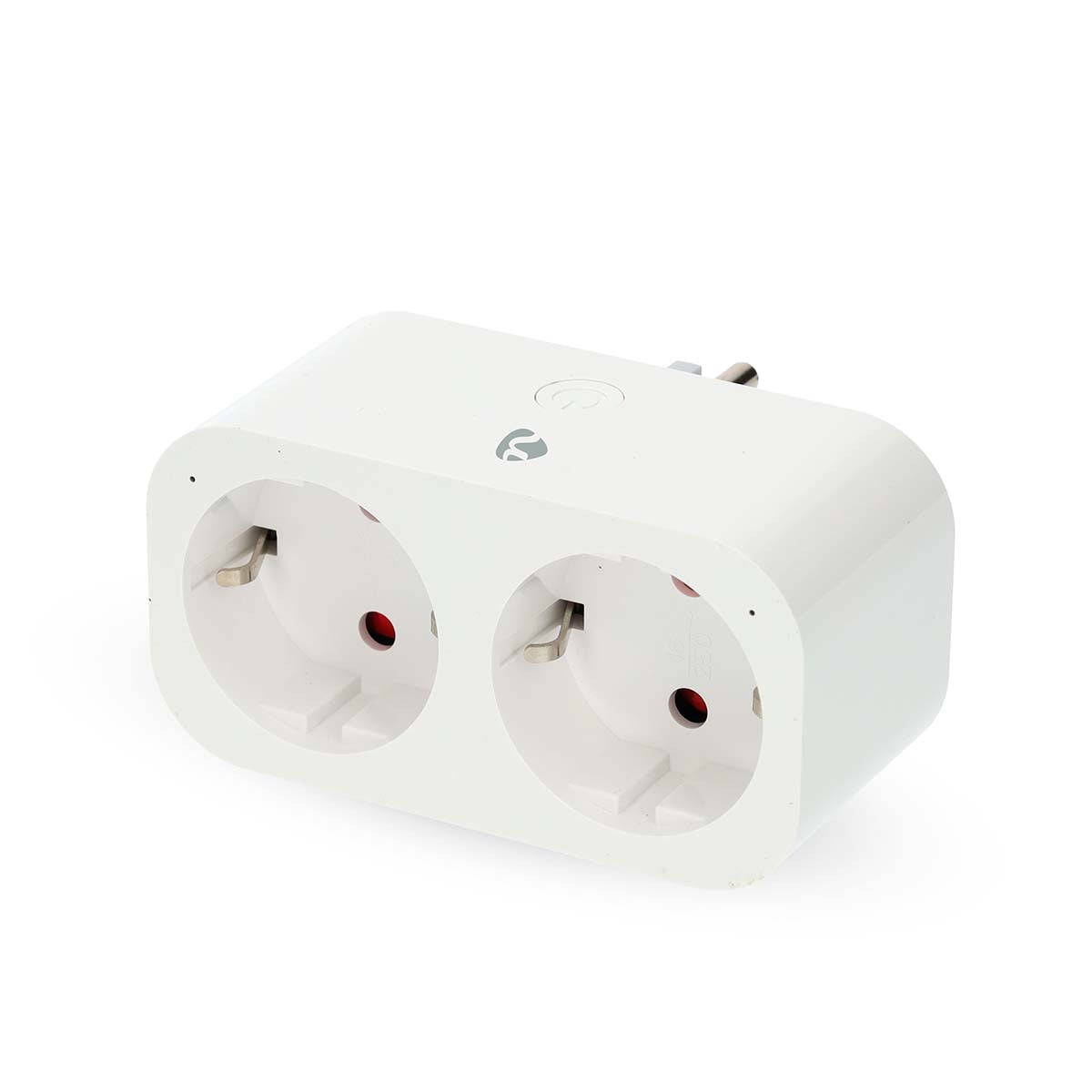 Nedis SmartLife Smart Plug hvid, kompakt rektangulær Wi-Fi-adapter med to runde stik til europæiske kontakter.