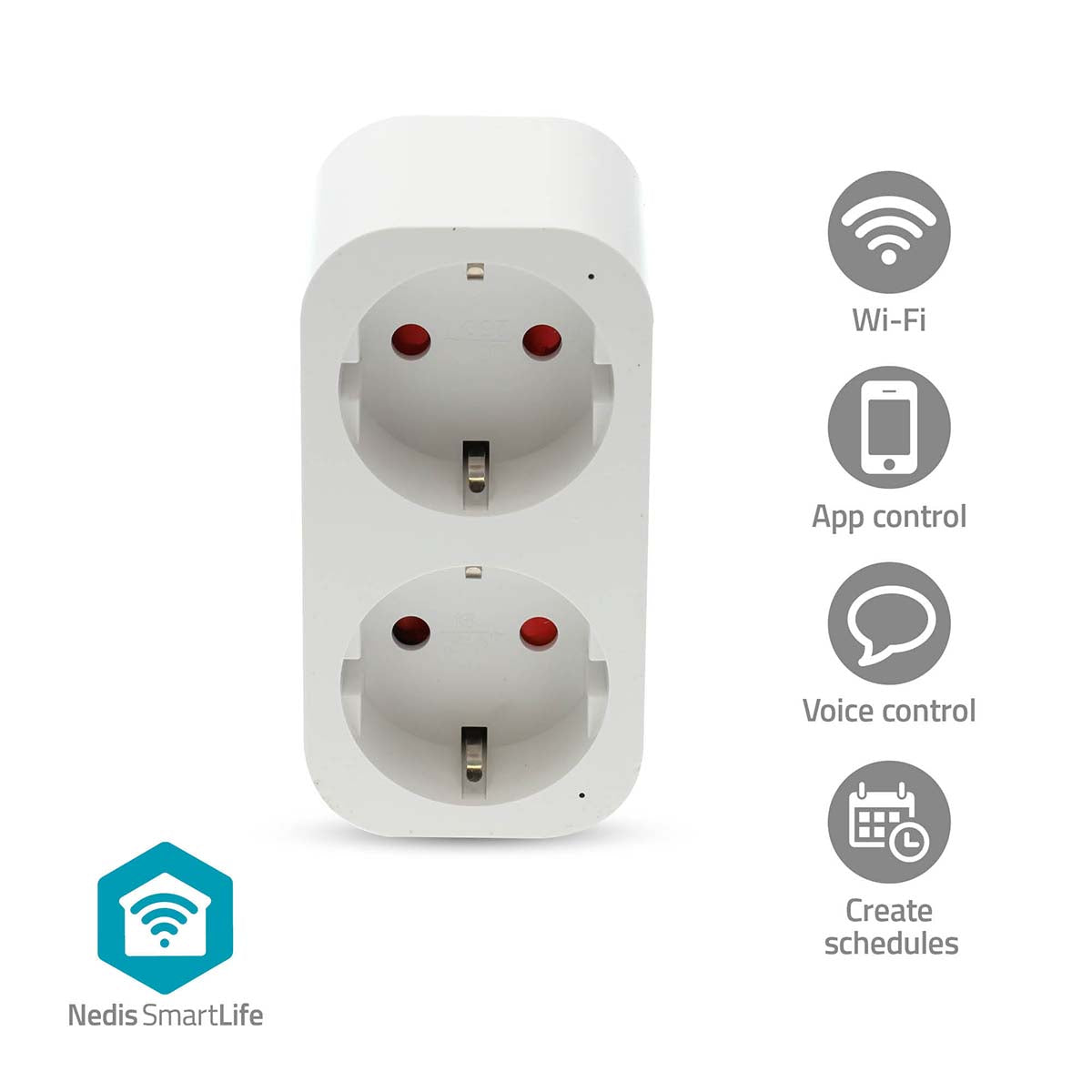 Nedis SmartLife smart plug med to stik, Wi-Fi, energimåling, app- og stemmestyring, planlægning, Nedis-logo vises.