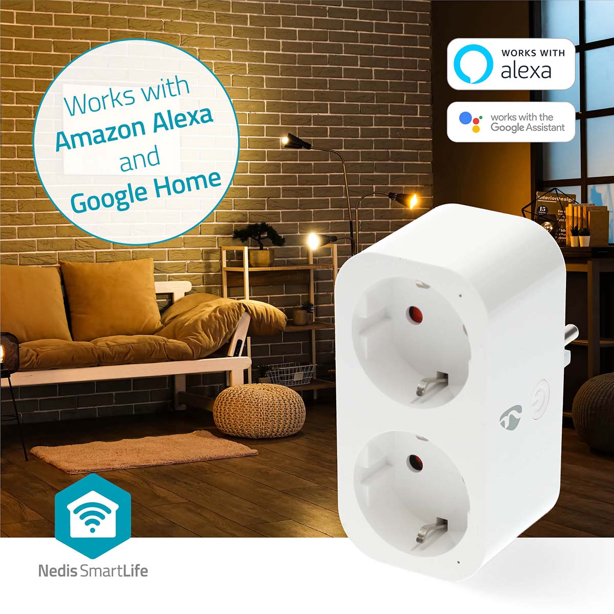 Nedis SmartLife Smart Plug med energimåler, kompatibel med Amazon Alexa og Google Home, Alexa og Google logo synlige.