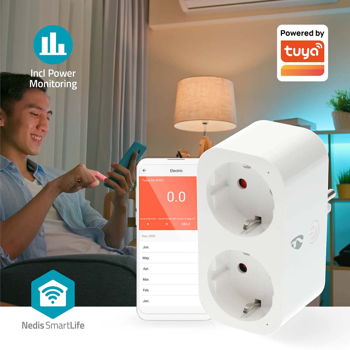 Nedis SmartLife Smart Plug med energiovervågning, vises med mobilapp og Tuya/Nedis SmartLife logoer, tekst: Inkl. strømovervågning.