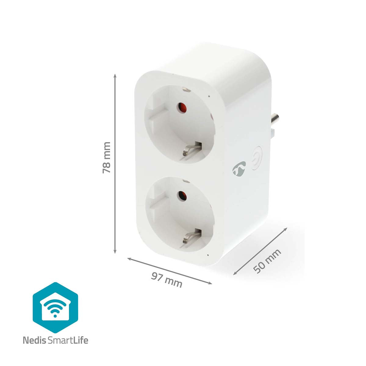 Nedis SmartLife smart plug med energimåling, sideknap, mål 78x97x50 mm, Nedis SmartLife-logo synligt.